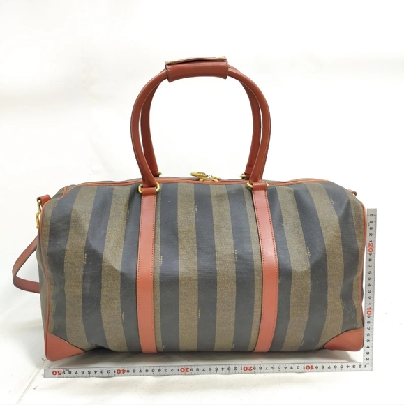 FENDI Pequin Travel Bag Brow Canvas Leather Duffel Bag Carry-on Purse - Picture 2 of 8